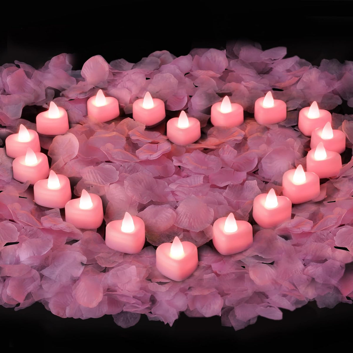 2000 Pieces Pink Artificial Rose Petals with 24 Pink Heart LED Tea Lights, Rose Petals and Candles Set for Proposal, Anniversary, Romantic Night, Wedding Decor