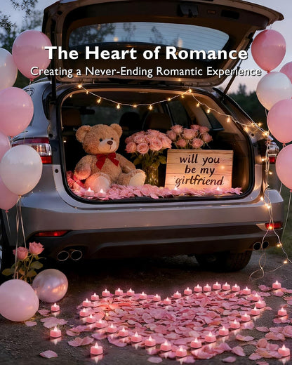 2000 Pieces Pink Artificial Rose Petals with 24 Pink Heart LED Tea Lights, Rose Petals and Candles Set for Proposal, Anniversary, Romantic Night, Wedding Decor