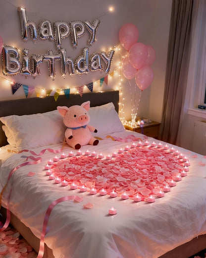 2000 Pieces Pink Artificial Rose Petals with 24 Pink Heart LED Tea Lights, Rose Petals and Candles Set for Proposal, Anniversary, Romantic Night, Wedding Decor