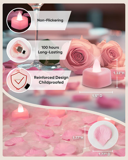 2000 Pieces Pink Artificial Rose Petals with 24 Pink Heart LED Tea Lights, Rose Petals and Candles Set for Proposal, Anniversary, Romantic Night, Wedding Decor
