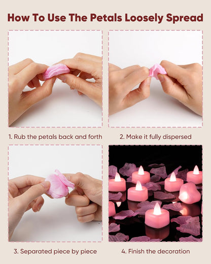 2000 Pieces Pink Artificial Rose Petals with 24 Pink Heart LED Tea Lights, Rose Petals and Candles Set for Proposal, Anniversary, Romantic Night, Wedding Decor