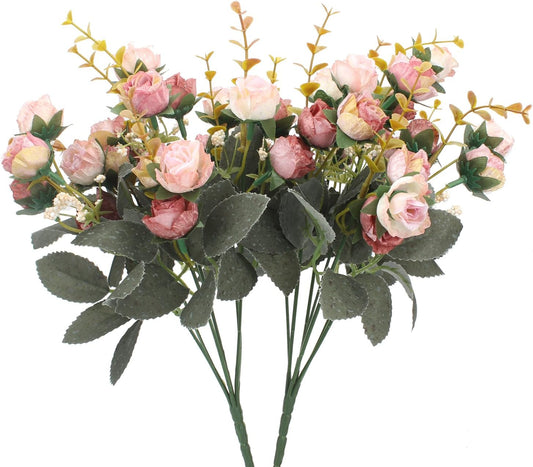 7 Branch 21 Mini Rose Heads Artificial Flowers Bouquet Wedding Home Office Decor,Pack of 2 (2 PCS Pink)