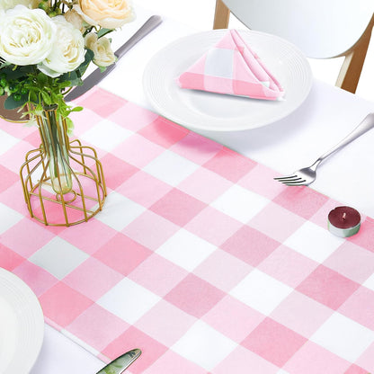 Fabric Checkered Table Runner 1 Pack Waterproof Gingham Table Runner 14W x 108L Buffalo Check Table Runners for Parties Kitchen Dining Wedding Banquet (Pink and White)