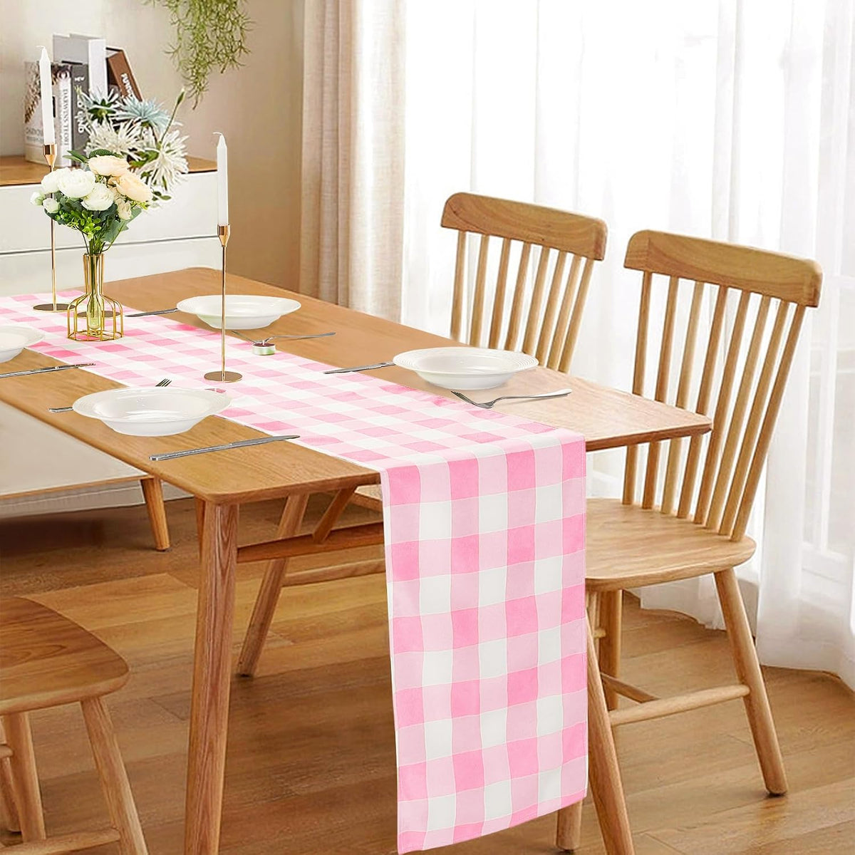 Fabric Checkered Table Runner 1 Pack Waterproof Gingham Table Runner 14W x 108L Buffalo Check Table Runners for Parties Kitchen Dining Wedding Banquet (Pink and White)