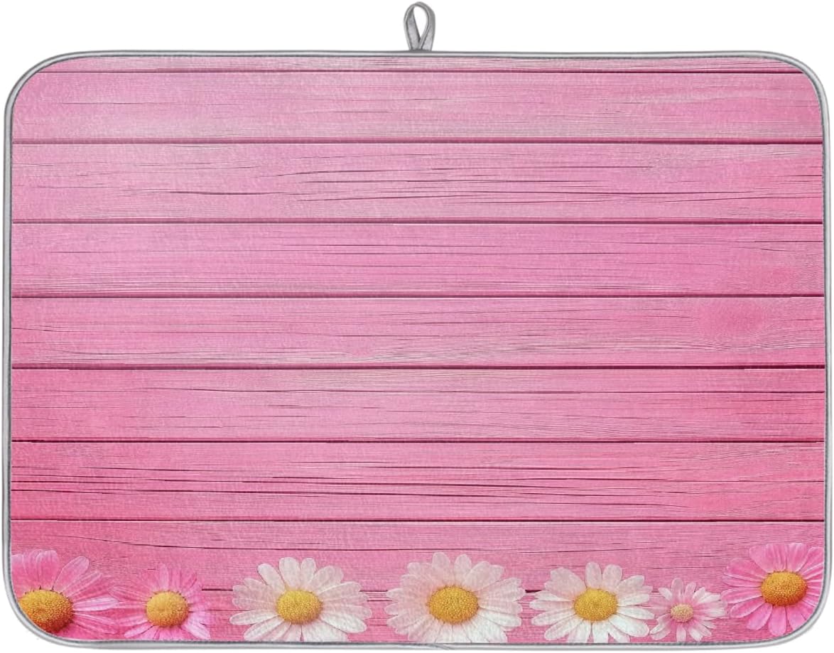 Polyester Absorbent Large Dish Drying Mat - 18x24 Inch Quick Dry Kitchen Counter Protector for Dishes & Utensils, Daisies Pink Wood Border