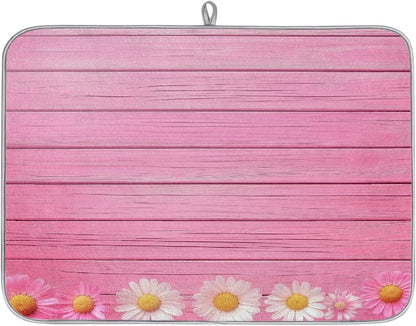 Polyester Absorbent Large Dish Drying Mat - 18x24 Inch Quick Dry Kitchen Counter Protector for Dishes & Utensils, Daisies Pink Wood Border