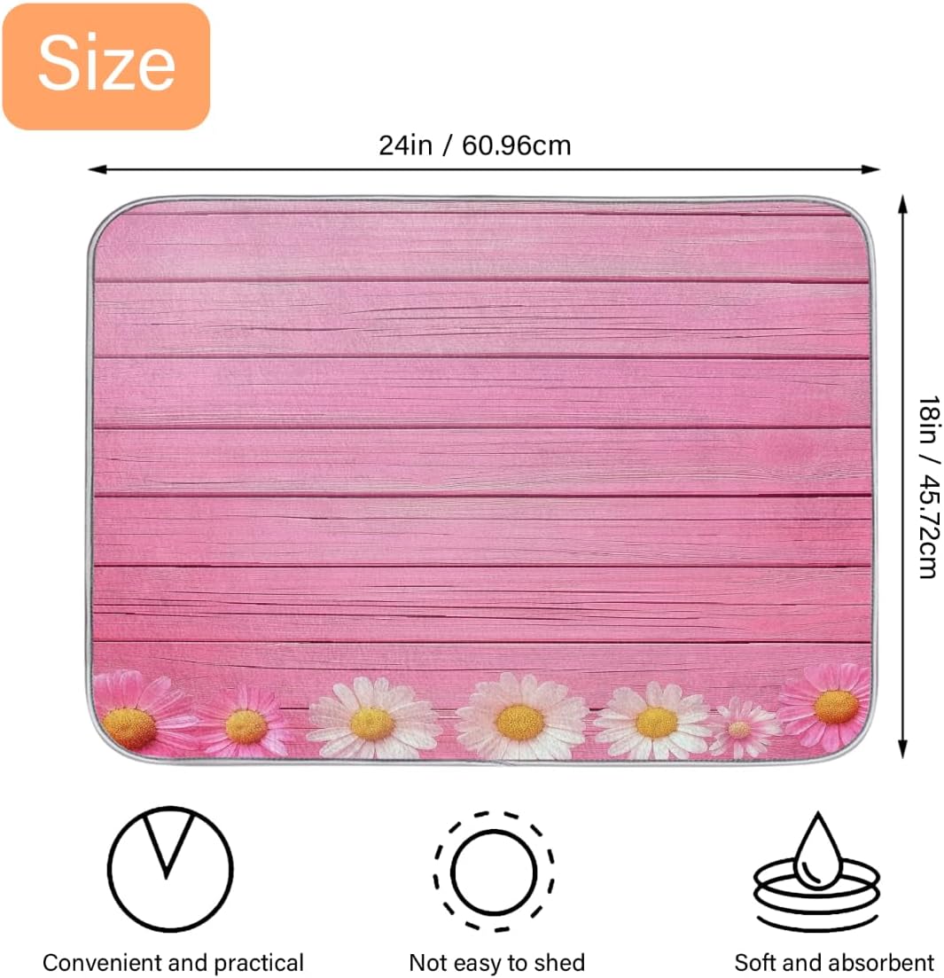 Polyester Absorbent Large Dish Drying Mat - 18x24 Inch Quick Dry Kitchen Counter Protector for Dishes & Utensils, Daisies Pink Wood Border