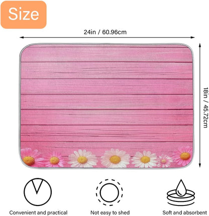 Polyester Absorbent Large Dish Drying Mat - 18x24 Inch Quick Dry Kitchen Counter Protector for Dishes & Utensils, Daisies Pink Wood Border