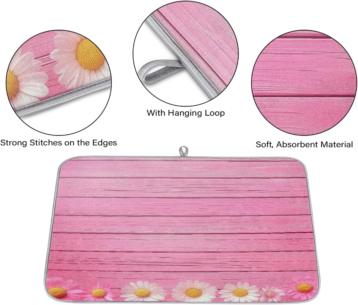 Polyester Absorbent Large Dish Drying Mat - 18x24 Inch Quick Dry Kitchen Counter Protector for Dishes & Utensils, Daisies Pink Wood Border