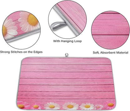 Polyester Absorbent Large Dish Drying Mat - 18x24 Inch Quick Dry Kitchen Counter Protector for Dishes & Utensils, Daisies Pink Wood Border