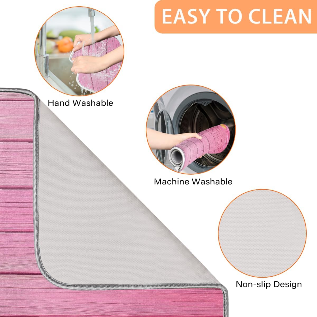 Polyester Absorbent Large Dish Drying Mat - 18x24 Inch Quick Dry Kitchen Counter Protector for Dishes & Utensils, Daisies Pink Wood Border