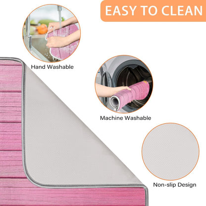 Polyester Absorbent Large Dish Drying Mat - 18x24 Inch Quick Dry Kitchen Counter Protector for Dishes & Utensils, Daisies Pink Wood Border