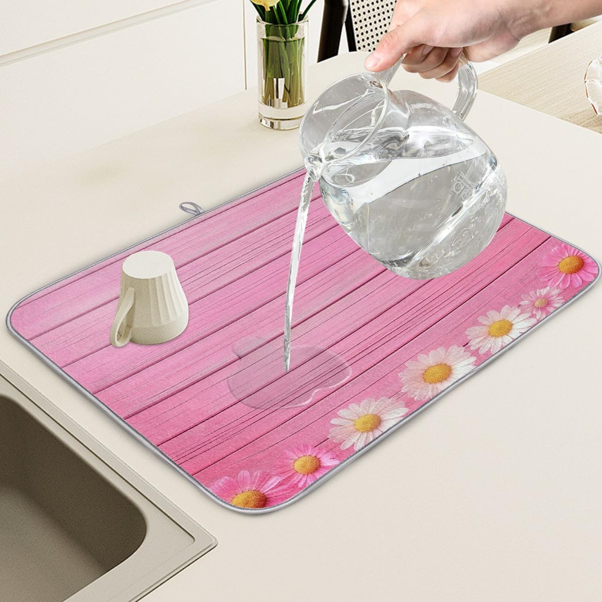 Polyester Absorbent Large Dish Drying Mat - 18x24 Inch Quick Dry Kitchen Counter Protector for Dishes & Utensils, Daisies Pink Wood Border