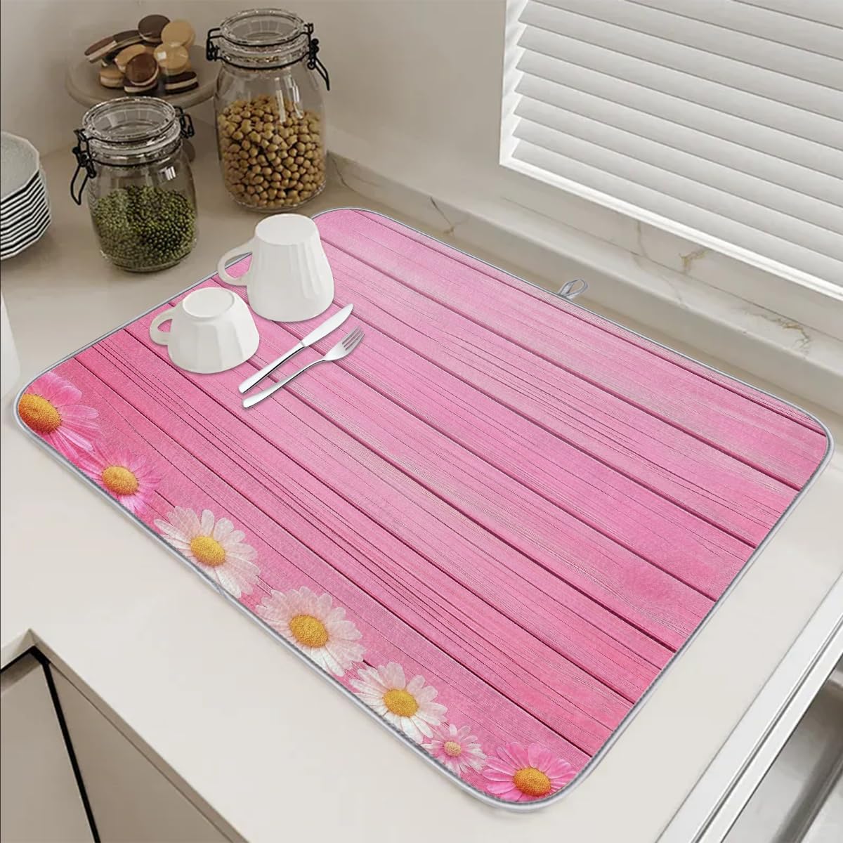 Polyester Absorbent Large Dish Drying Mat - 18x24 Inch Quick Dry Kitchen Counter Protector for Dishes & Utensils, Daisies Pink Wood Border