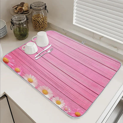 Polyester Absorbent Large Dish Drying Mat - 18x24 Inch Quick Dry Kitchen Counter Protector for Dishes & Utensils, Daisies Pink Wood Border