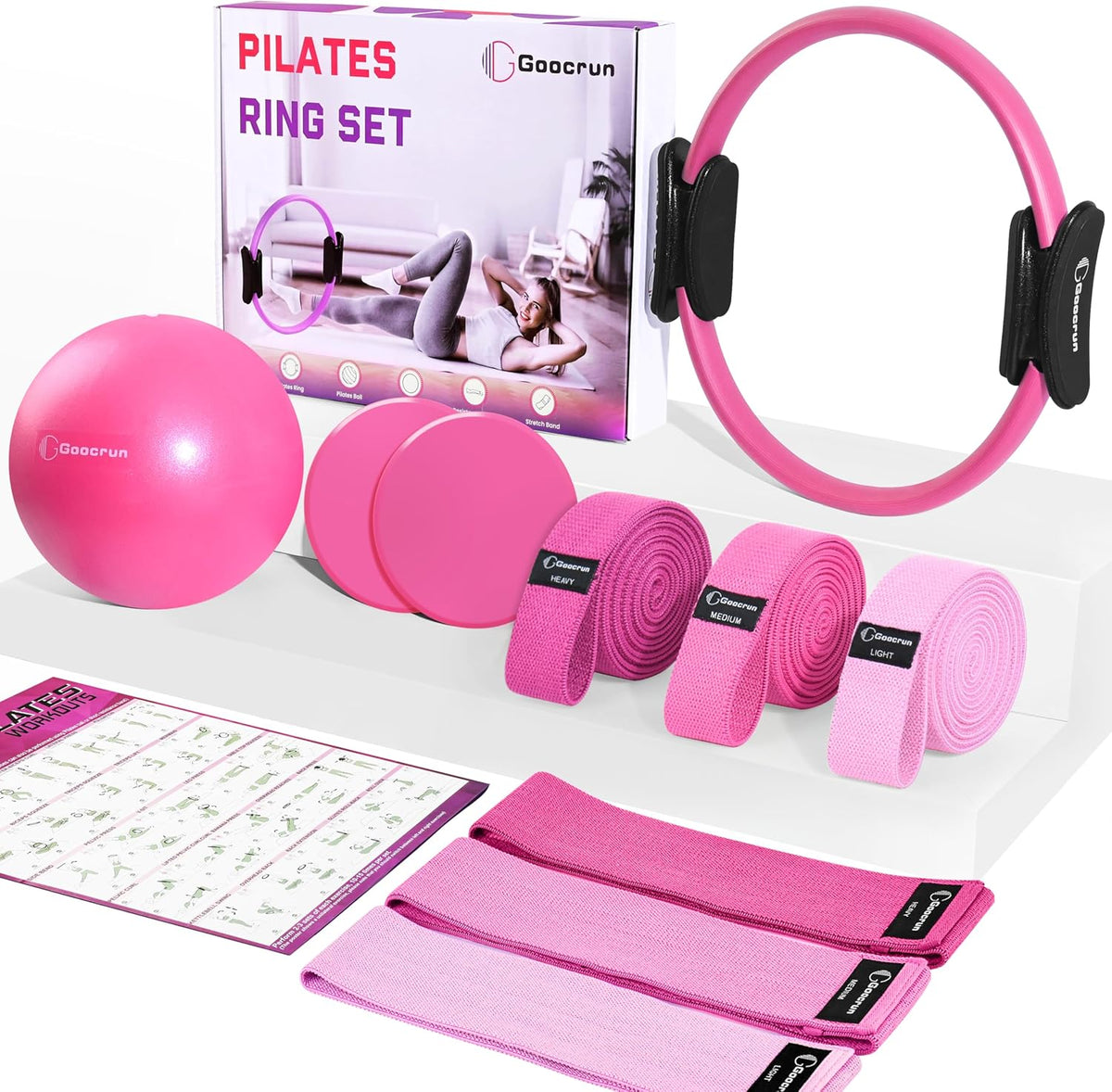 Pilates Ring Set Exercise Equipment, with Exercise Resistance Bands Set, Pilates Ball, Sliding Disks. Portable Home Gym - with Fitness Guide Poster