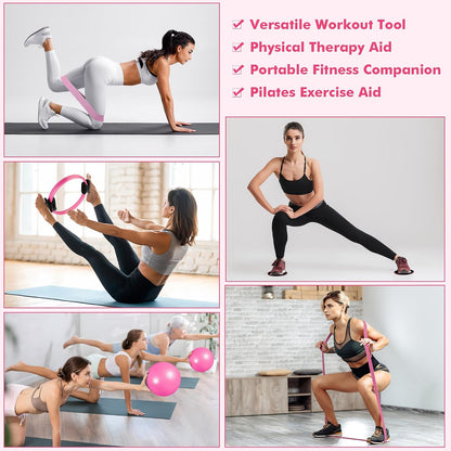 Pilates Ring Set Exercise Equipment, with Exercise Resistance Bands Set, Pilates Ball, Sliding Disks. Portable Home Gym - with Fitness Guide Poster