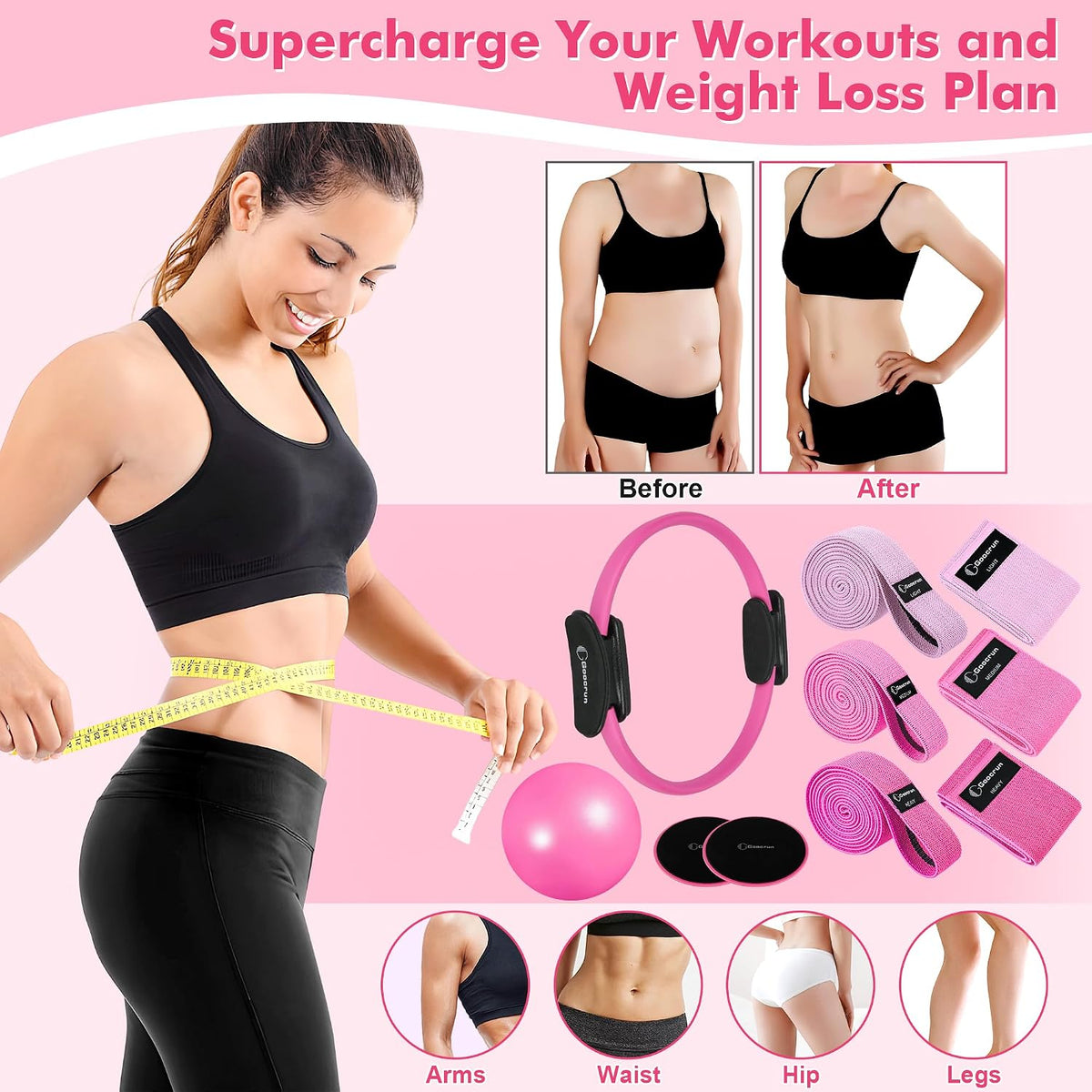 Pilates Ring Set Exercise Equipment, with Exercise Resistance Bands Set, Pilates Ball, Sliding Disks. Portable Home Gym - with Fitness Guide Poster