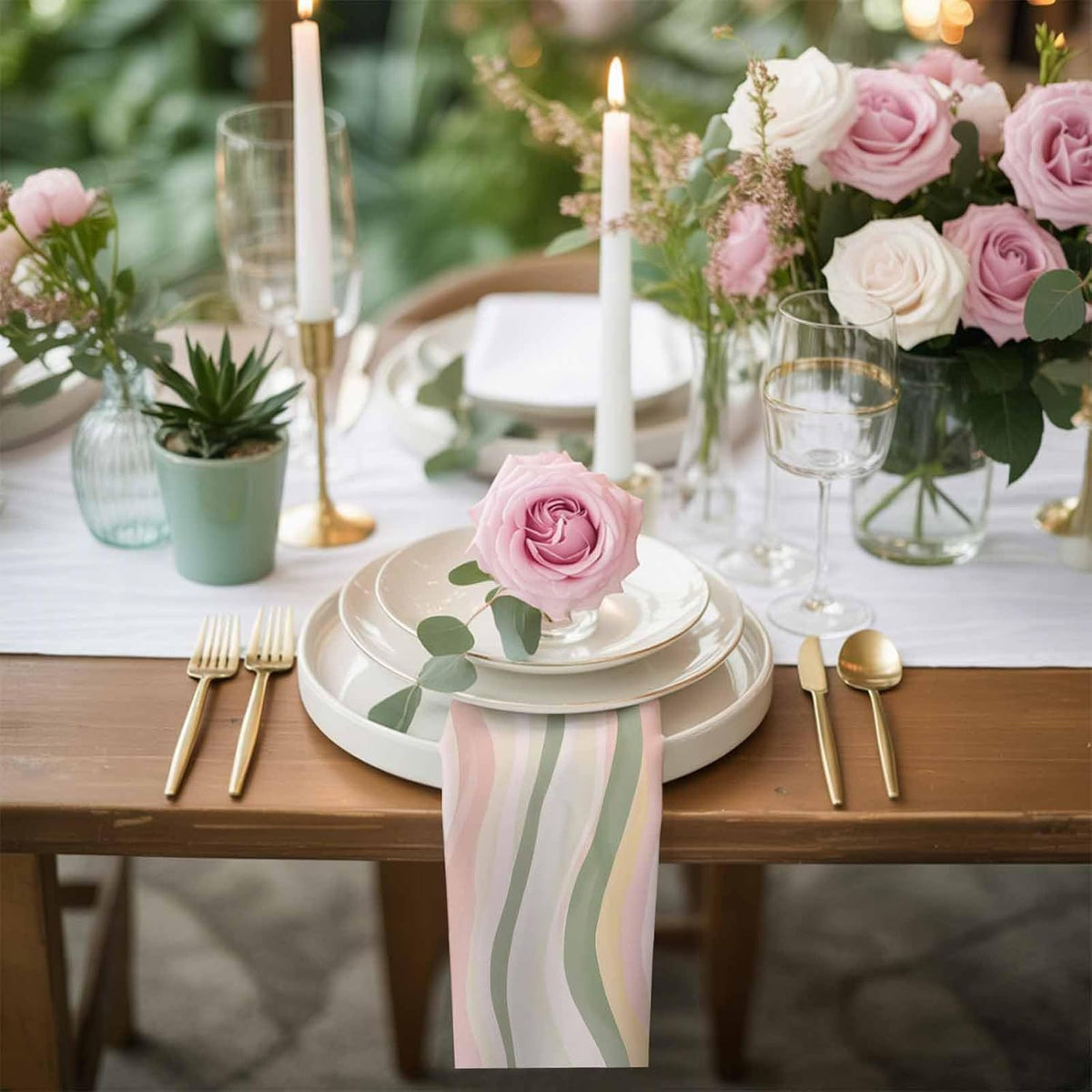 Cloth Napkins 4 Pack 20x20 in Light Green Pink Stripes Absorbent Dinner Napkins Polyester Low Saturation Colorful Pattern Washable Reusable Table Napkin for Parties, Weddings, Everyday