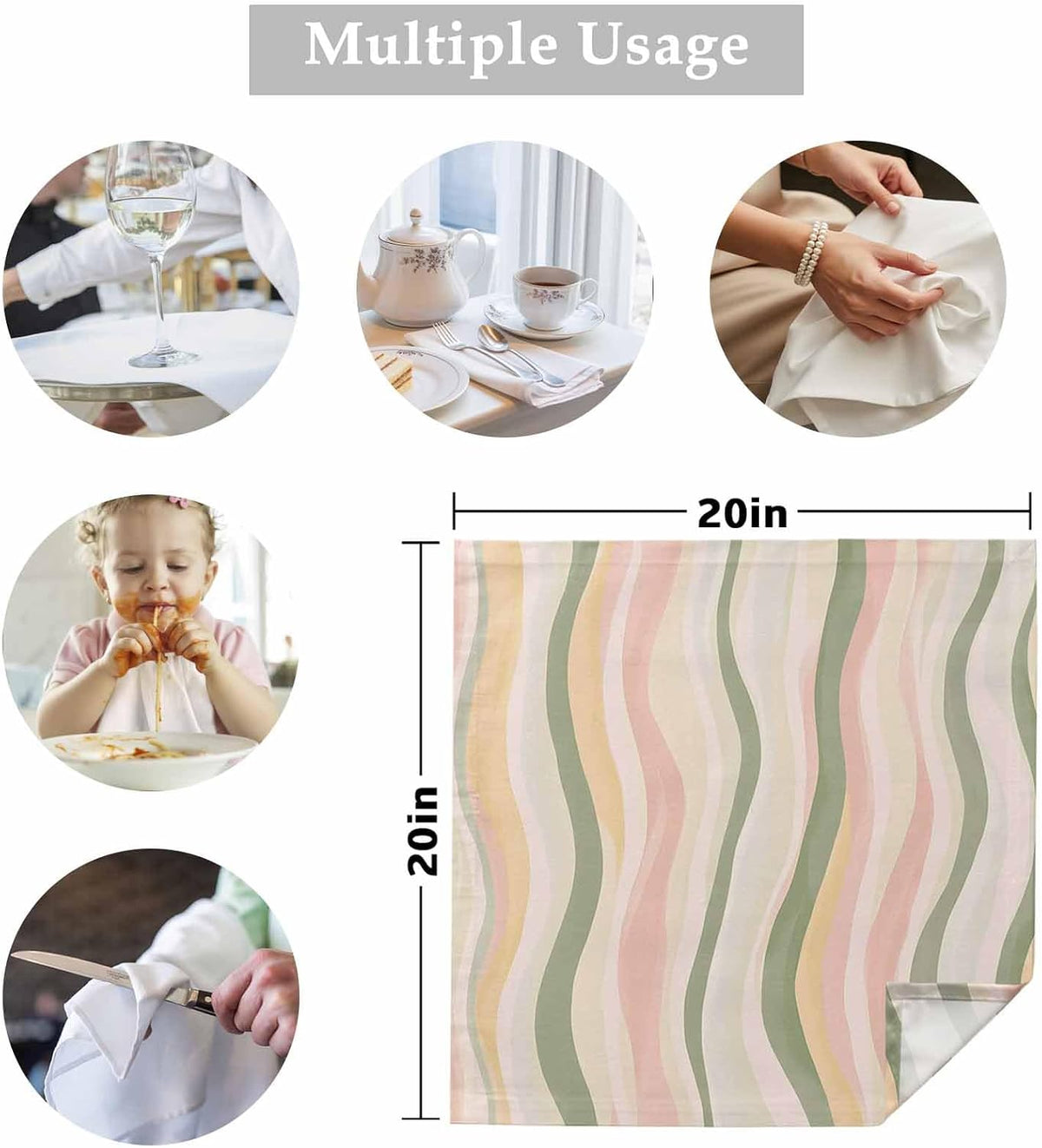 Cloth Napkins 4 Pack 20x20 in Light Green Pink Stripes Absorbent Dinner Napkins Polyester Low Saturation Colorful Pattern Washable Reusable Table Napkin for Parties, Weddings, Everyday