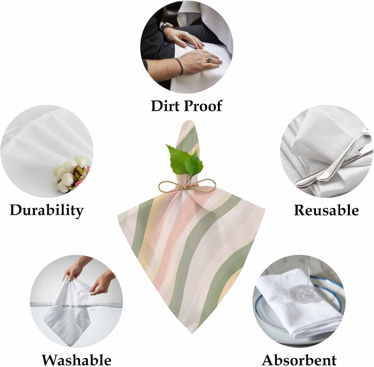 Cloth Napkins 4 Pack 20x20 in Light Green Pink Stripes Absorbent Dinner Napkins Polyester Low Saturation Colorful Pattern Washable Reusable Table Napkin for Parties, Weddings, Everyday