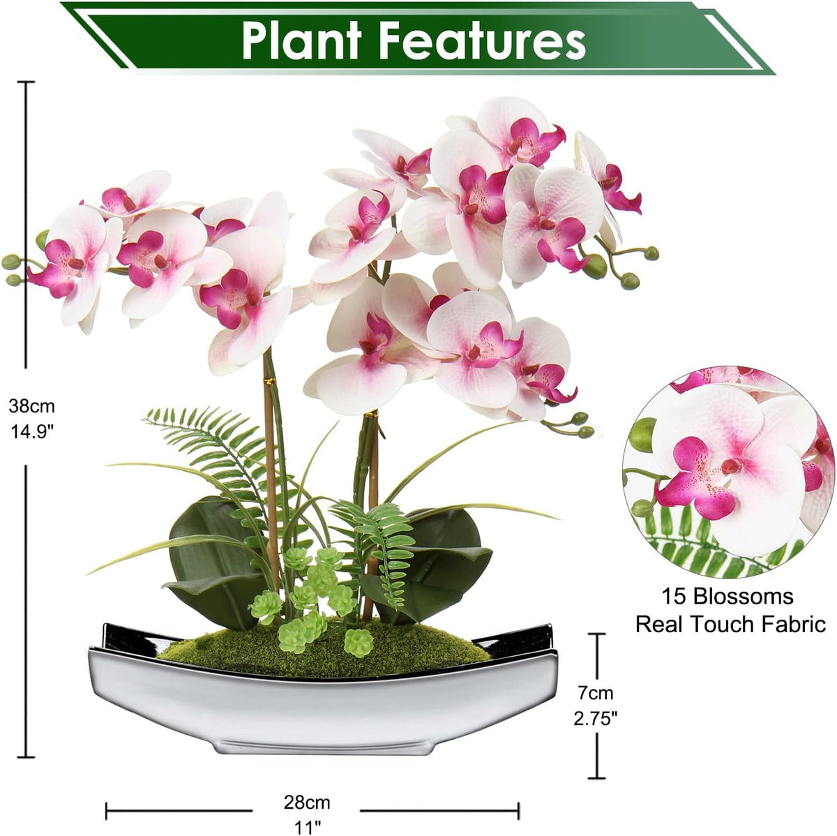 Orchids Artificial Flowers 15" Light Pink Phalaenopsis Orchid with Silver Pots Real Touch Faux Orchid Plant for Home Office Bathroom Living Room Decoration
