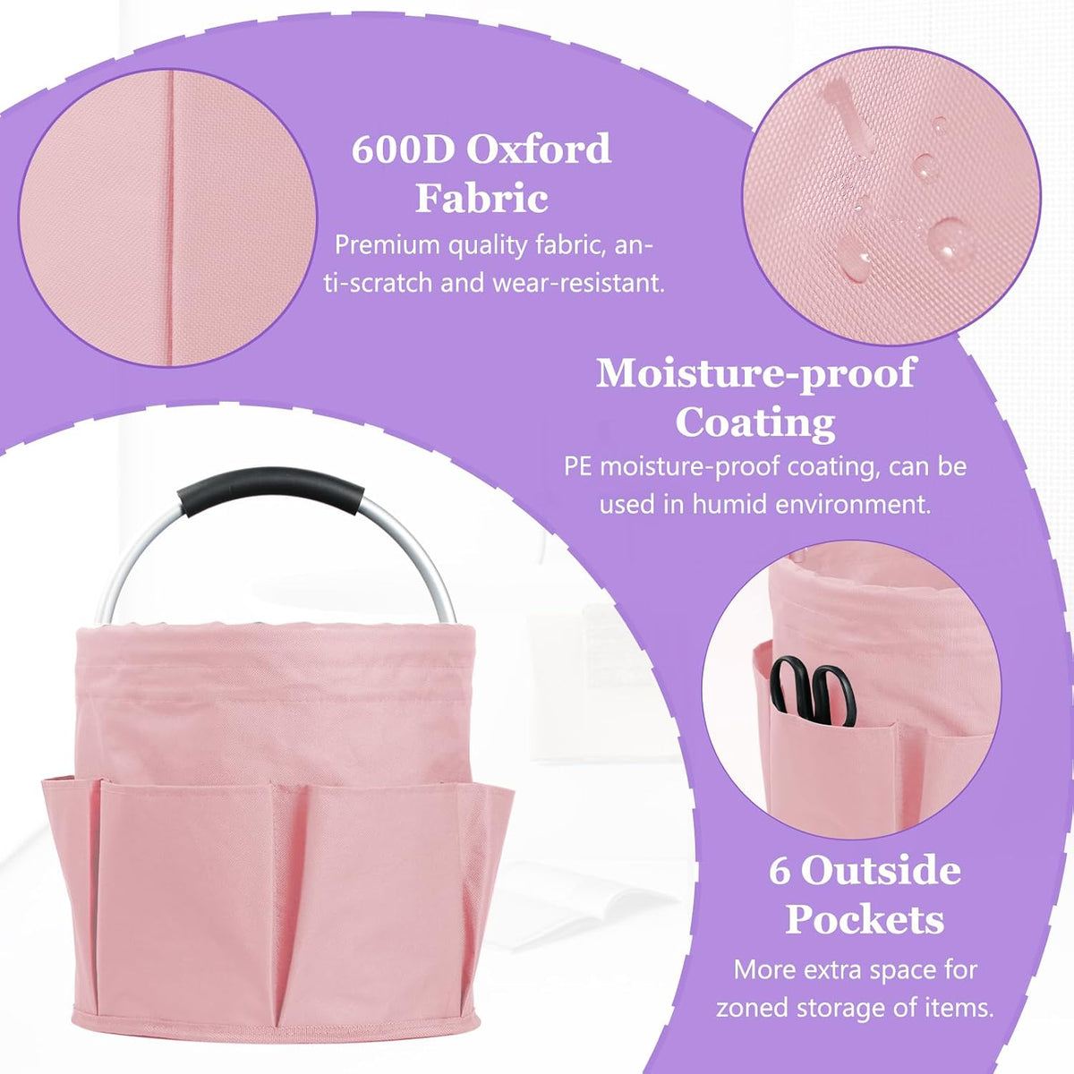 2Pcs 17L College Shower Caddy for Women, Bathroom Cleaning Caddy with Handle, 600D Oxford Fabric Cleaning Supplies Bucket, Multifunctional Storage Basket for Dorm, Family, Pink + Transparent