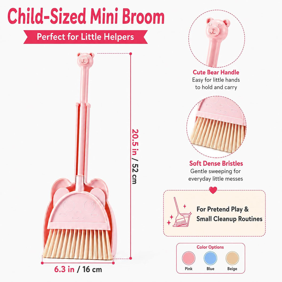 Mini Broom with Dustpan for Kids,Little Housekeeping Helper Set (Pink)