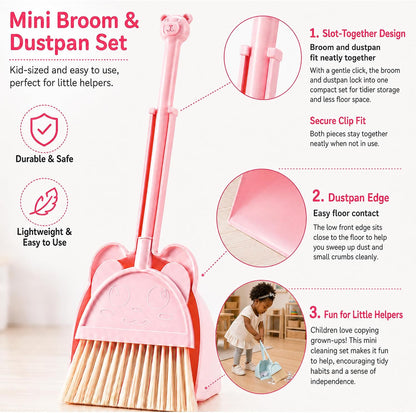 Mini Broom with Dustpan for Kids,Little Housekeeping Helper Set (Pink)