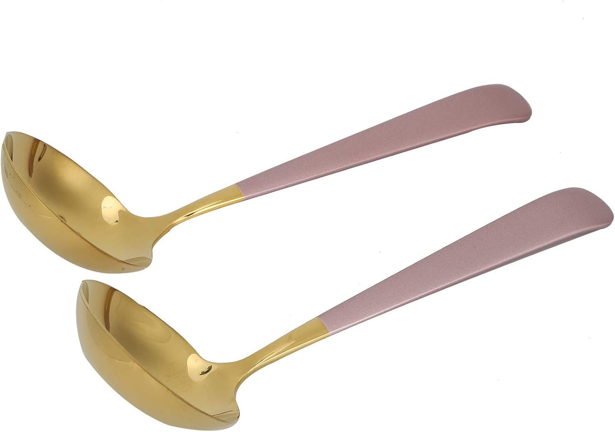 Premium Stainless Steel Soup Spoon Slotted Spoon Set Mirror Polish Ergonomic Handle Kitchen Cutlery for Dining Cooking Gift (Pink Gold)