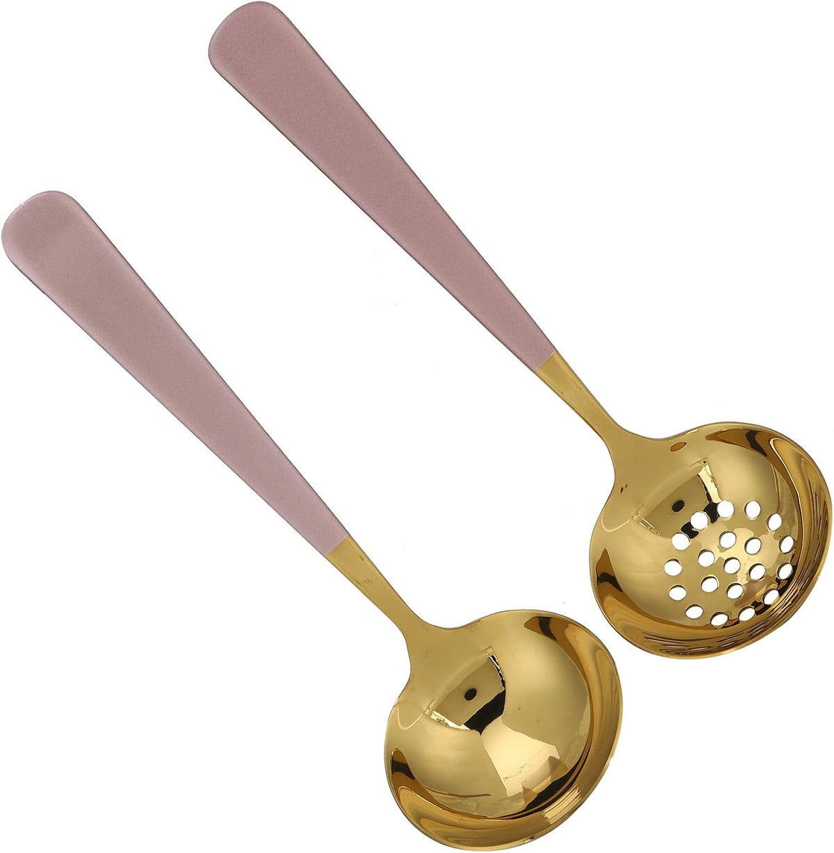 Premium Stainless Steel Soup Spoon Slotted Spoon Set Mirror Polish Ergonomic Handle Kitchen Cutlery for Dining Cooking Gift (Pink Gold)