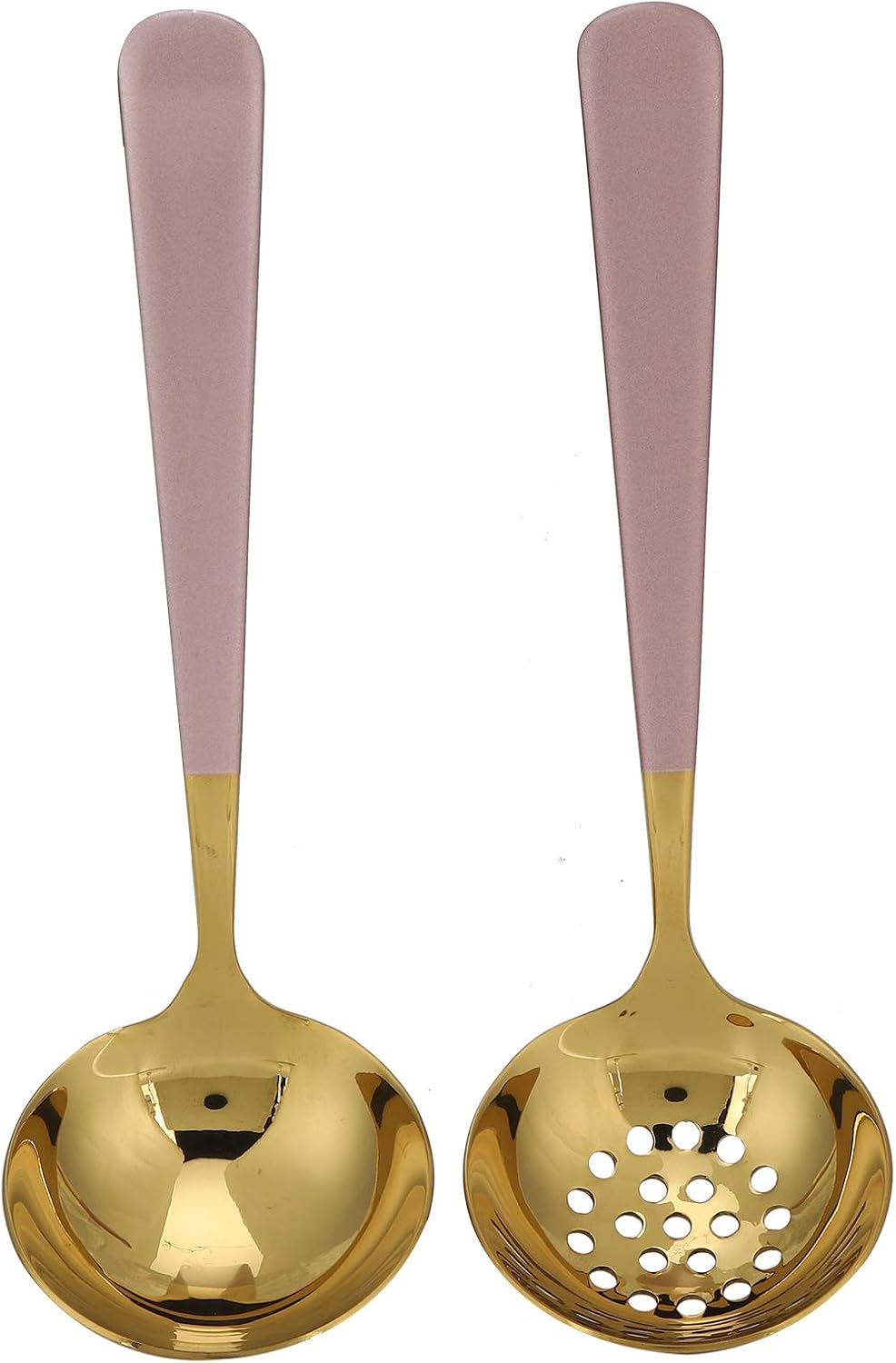 Premium Stainless Steel Soup Spoon Slotted Spoon Set Mirror Polish Ergonomic Handle Kitchen Cutlery for Dining Cooking Gift (Pink Gold)