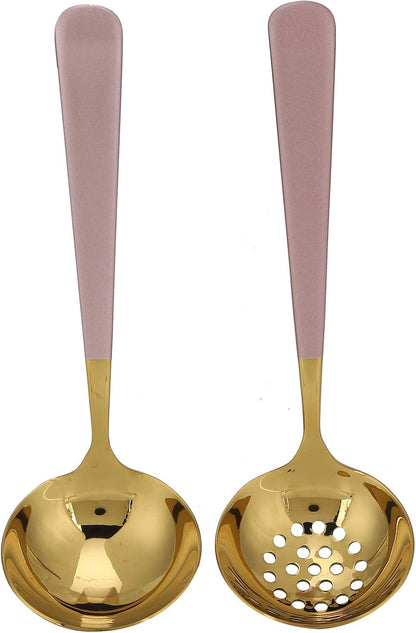 Premium Stainless Steel Soup Spoon Slotted Spoon Set Mirror Polish Ergonomic Handle Kitchen Cutlery for Dining Cooking Gift (Pink Gold)