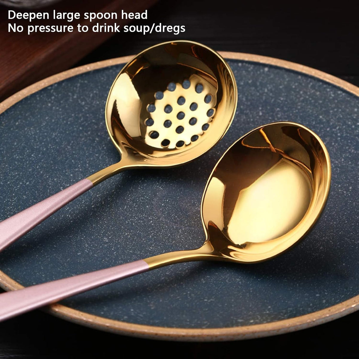Premium Stainless Steel Soup Spoon Slotted Spoon Set Mirror Polish Ergonomic Handle Kitchen Cutlery for Dining Cooking Gift (Pink Gold)