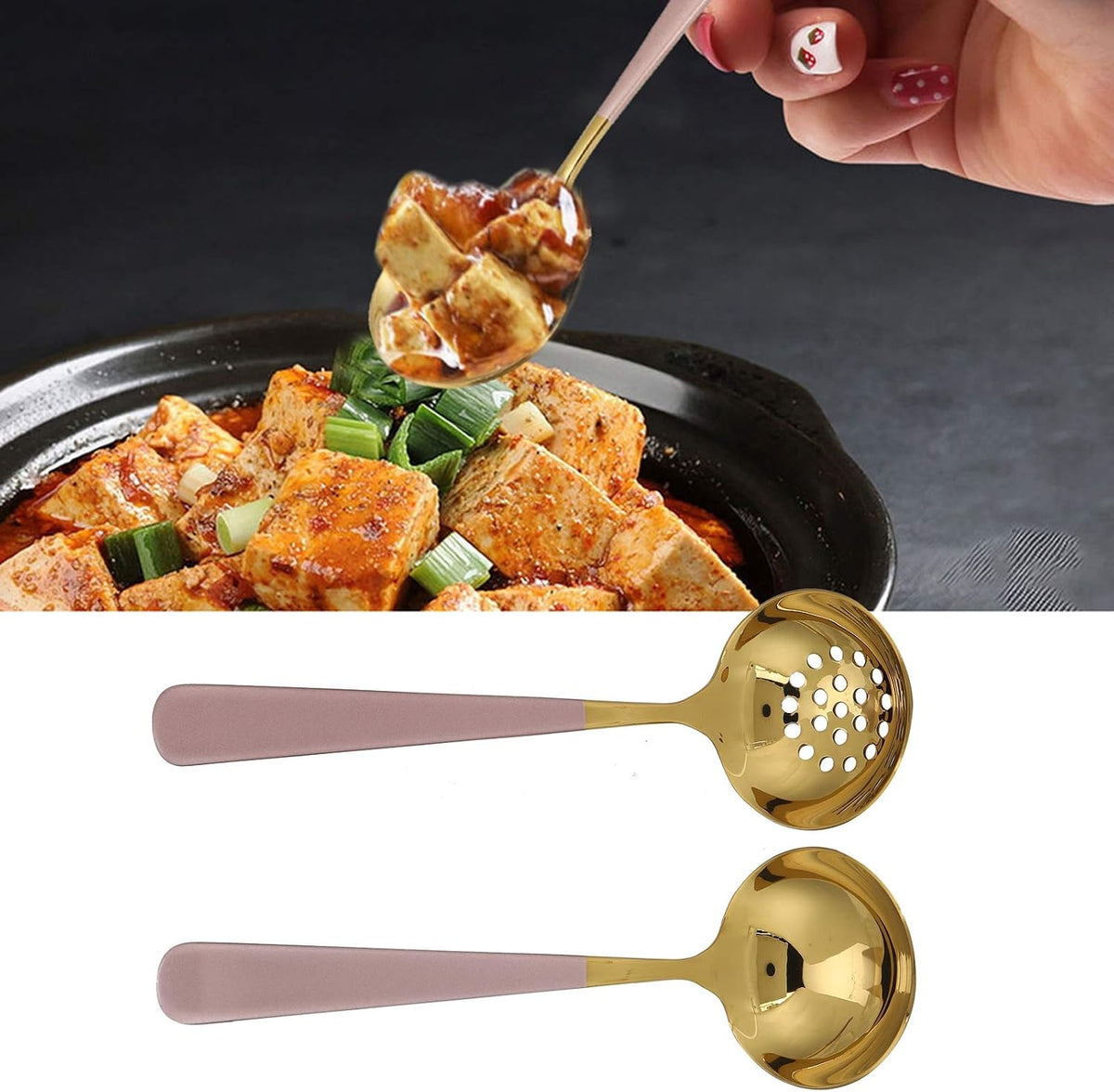 Premium Stainless Steel Soup Spoon Slotted Spoon Set Mirror Polish Ergonomic Handle Kitchen Cutlery for Dining Cooking Gift (Pink Gold)