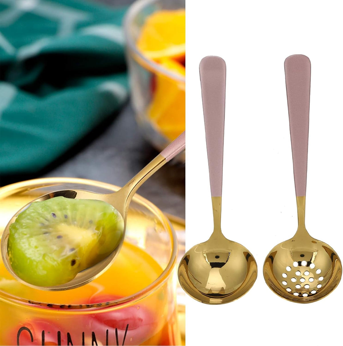 Premium Stainless Steel Soup Spoon Slotted Spoon Set Mirror Polish Ergonomic Handle Kitchen Cutlery for Dining Cooking Gift (Pink Gold)