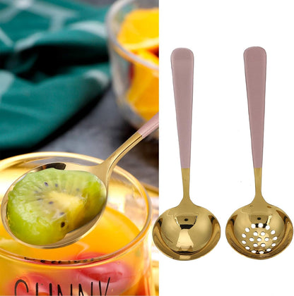 Premium Stainless Steel Soup Spoon Slotted Spoon Set Mirror Polish Ergonomic Handle Kitchen Cutlery for Dining Cooking Gift (Pink Gold)