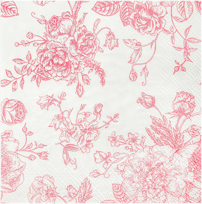 100Pcs Floral Cocktail Napkins Pink White Rose Toile Paper Napkins | 5” Pink Flower Bouquet Disposable Hand Towels for Wedding Picnic Bridal Baby Shower Garden Tea Party Supplies