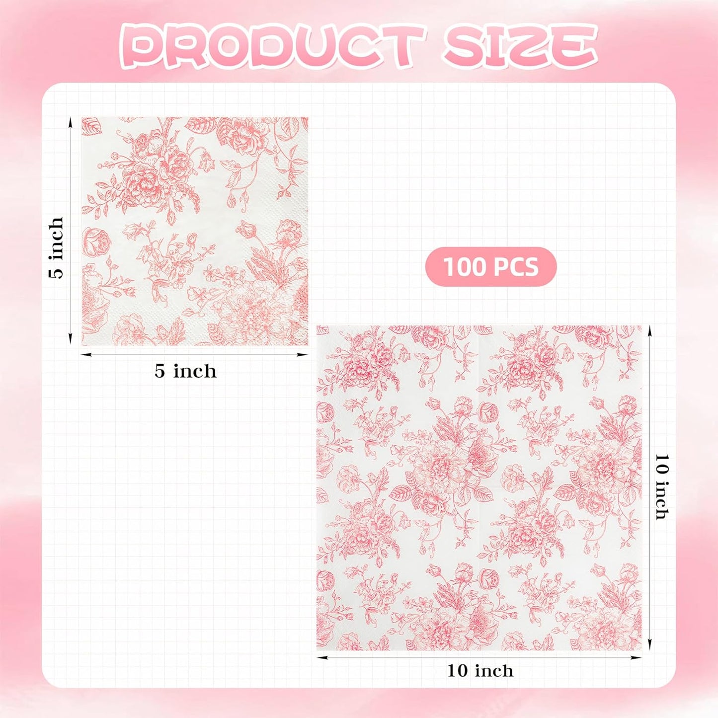 100Pcs Floral Cocktail Napkins Pink White Rose Toile Paper Napkins | 5” Pink Flower Bouquet Disposable Hand Towels for Wedding Picnic Bridal Baby Shower Garden Tea Party Supplies