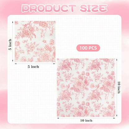 100Pcs Floral Cocktail Napkins Pink White Rose Toile Paper Napkins | 5” Pink Flower Bouquet Disposable Hand Towels for Wedding Picnic Bridal Baby Shower Garden Tea Party Supplies