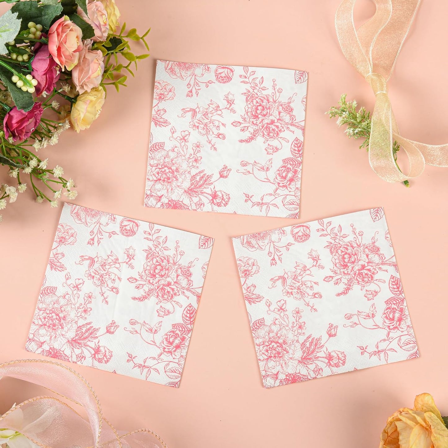 100Pcs Floral Cocktail Napkins Pink White Rose Toile Paper Napkins | 5” Pink Flower Bouquet Disposable Hand Towels for Wedding Picnic Bridal Baby Shower Garden Tea Party Supplies