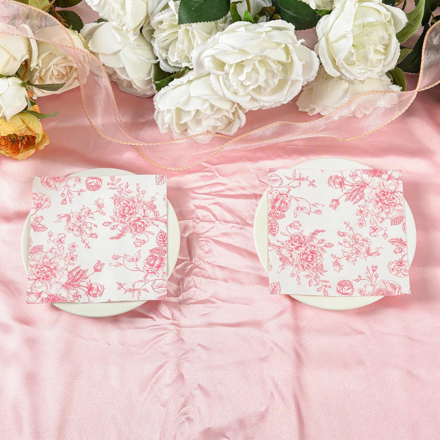 100Pcs Floral Cocktail Napkins Pink White Rose Toile Paper Napkins | 5” Pink Flower Bouquet Disposable Hand Towels for Wedding Picnic Bridal Baby Shower Garden Tea Party Supplies