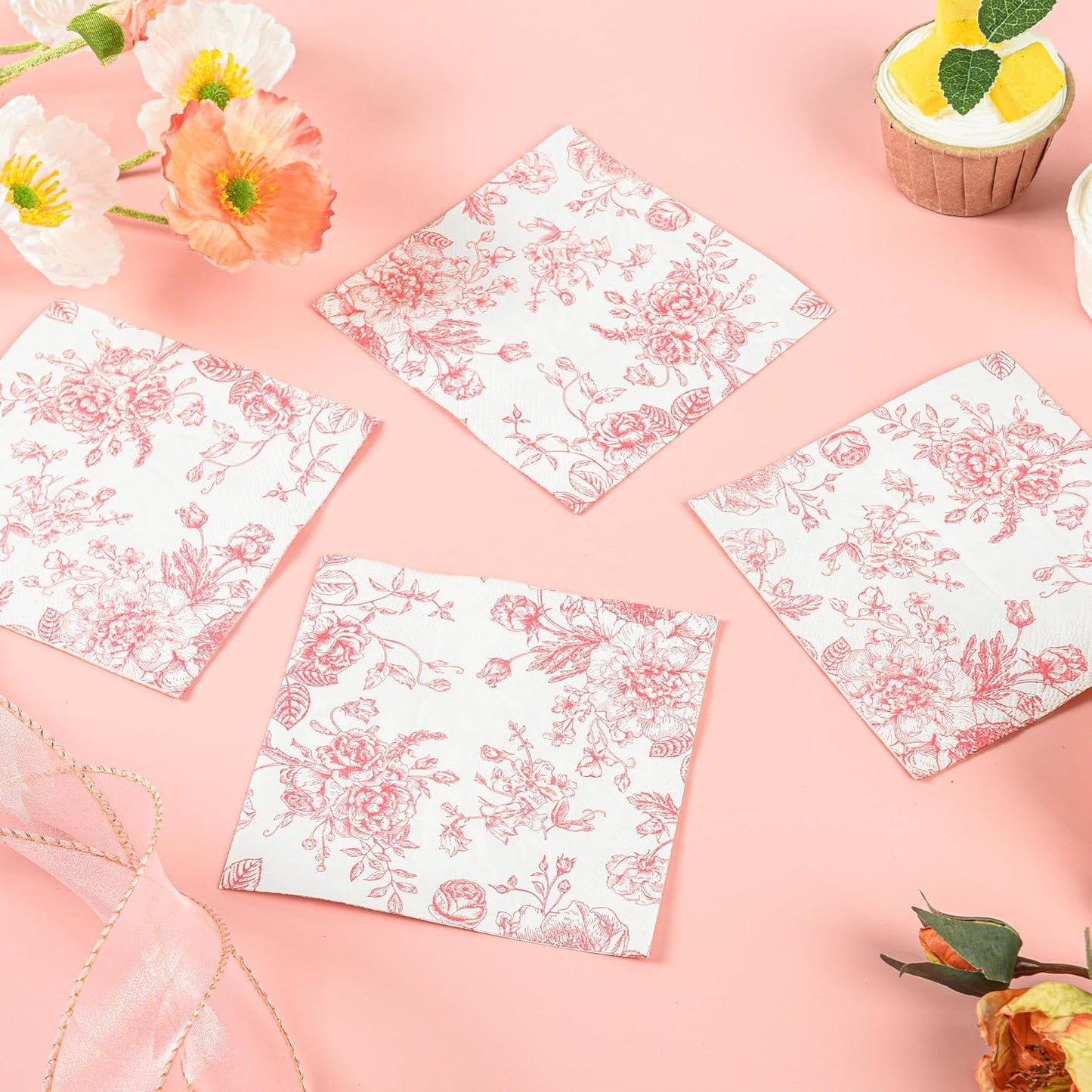 100Pcs Floral Cocktail Napkins Pink White Rose Toile Paper Napkins | 5” Pink Flower Bouquet Disposable Hand Towels for Wedding Picnic Bridal Baby Shower Garden Tea Party Supplies