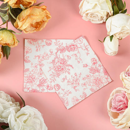 100Pcs Floral Cocktail Napkins Pink White Rose Toile Paper Napkins | 5” Pink Flower Bouquet Disposable Hand Towels for Wedding Picnic Bridal Baby Shower Garden Tea Party Supplies