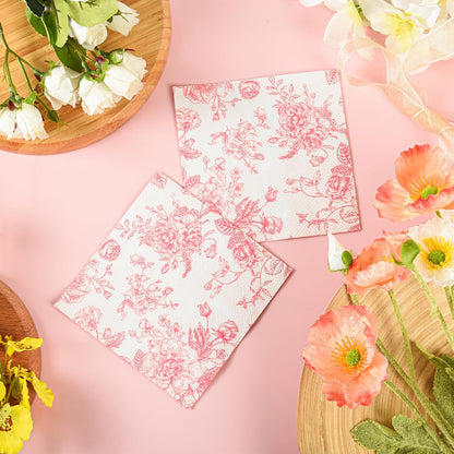 100Pcs Floral Cocktail Napkins Pink White Rose Toile Paper Napkins | 5” Pink Flower Bouquet Disposable Hand Towels for Wedding Picnic Bridal Baby Shower Garden Tea Party Supplies