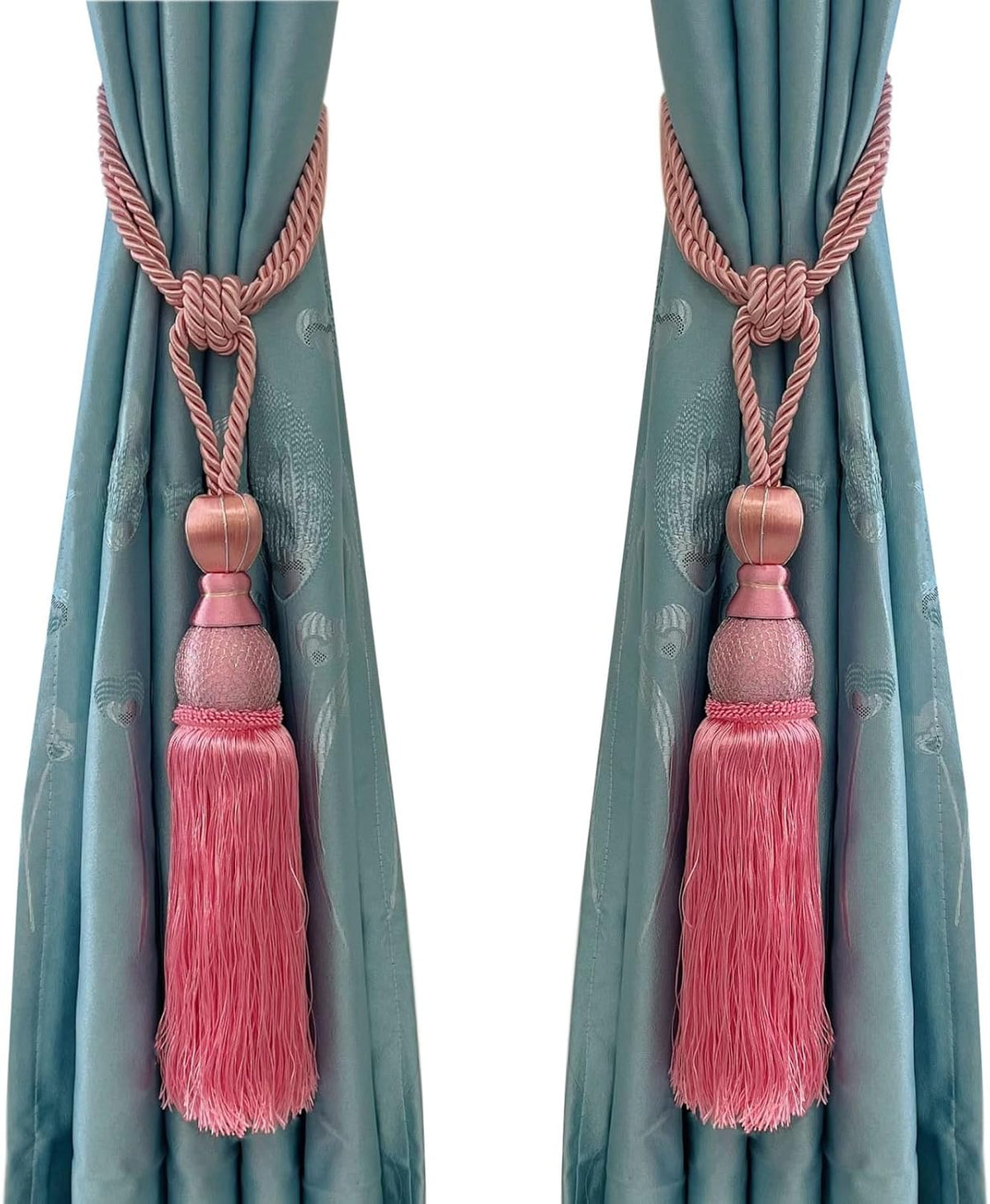 Set of 2 Pink Ball Tassel Curtain Tiebacks Braided Window Decor