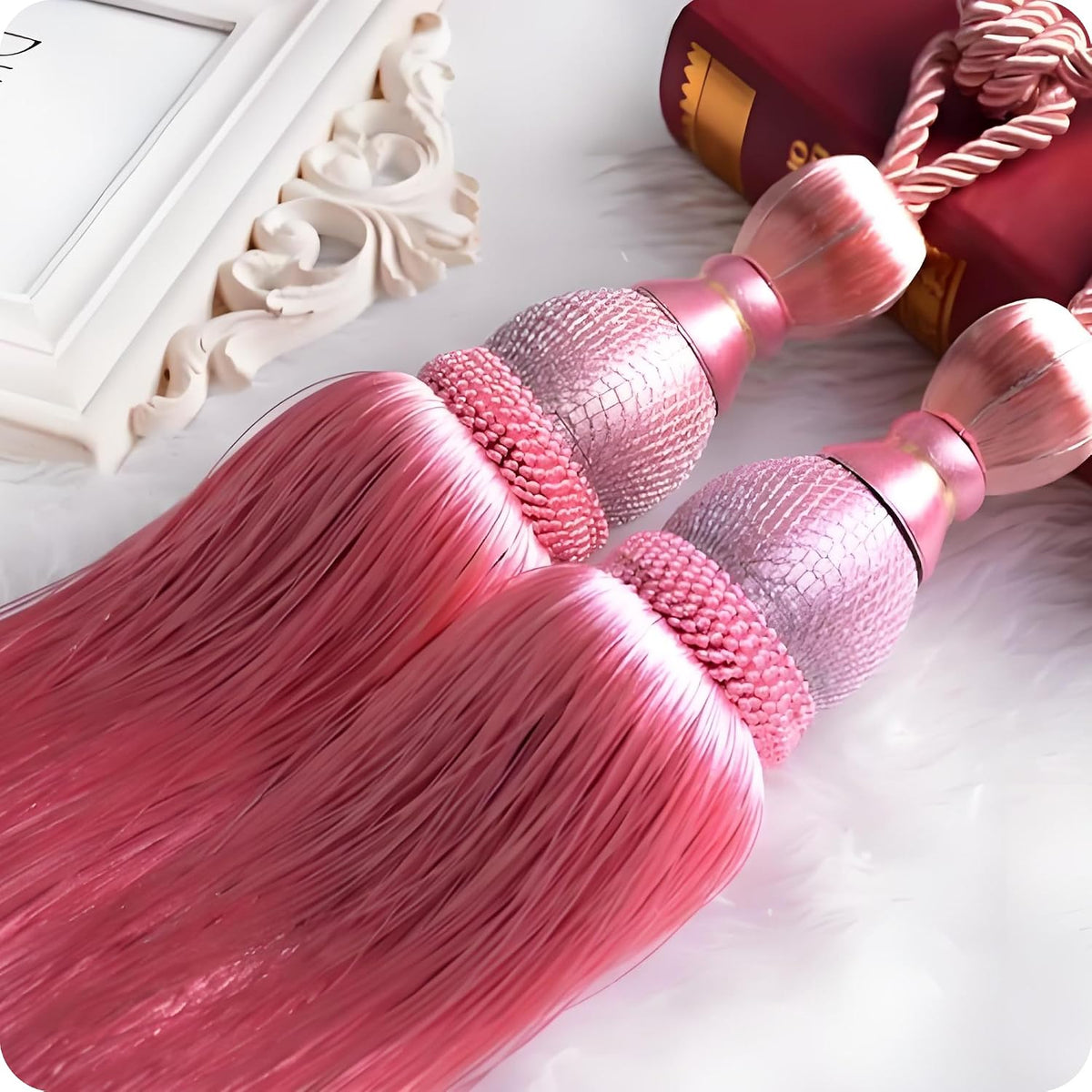 Set of 2 Pink Ball Tassel Curtain Tiebacks Braided Window Decor