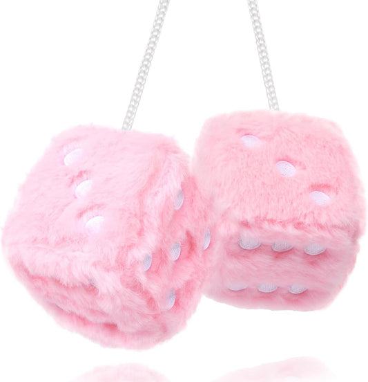 Pink Fuzzy Dice for Car Rear View Mirror, Pair of 2.75" Plush Dice Retro Hanging Ornaments Car Interior Rearview Mirror Decor Accessories (Soft Pink with Embroidered Dots)