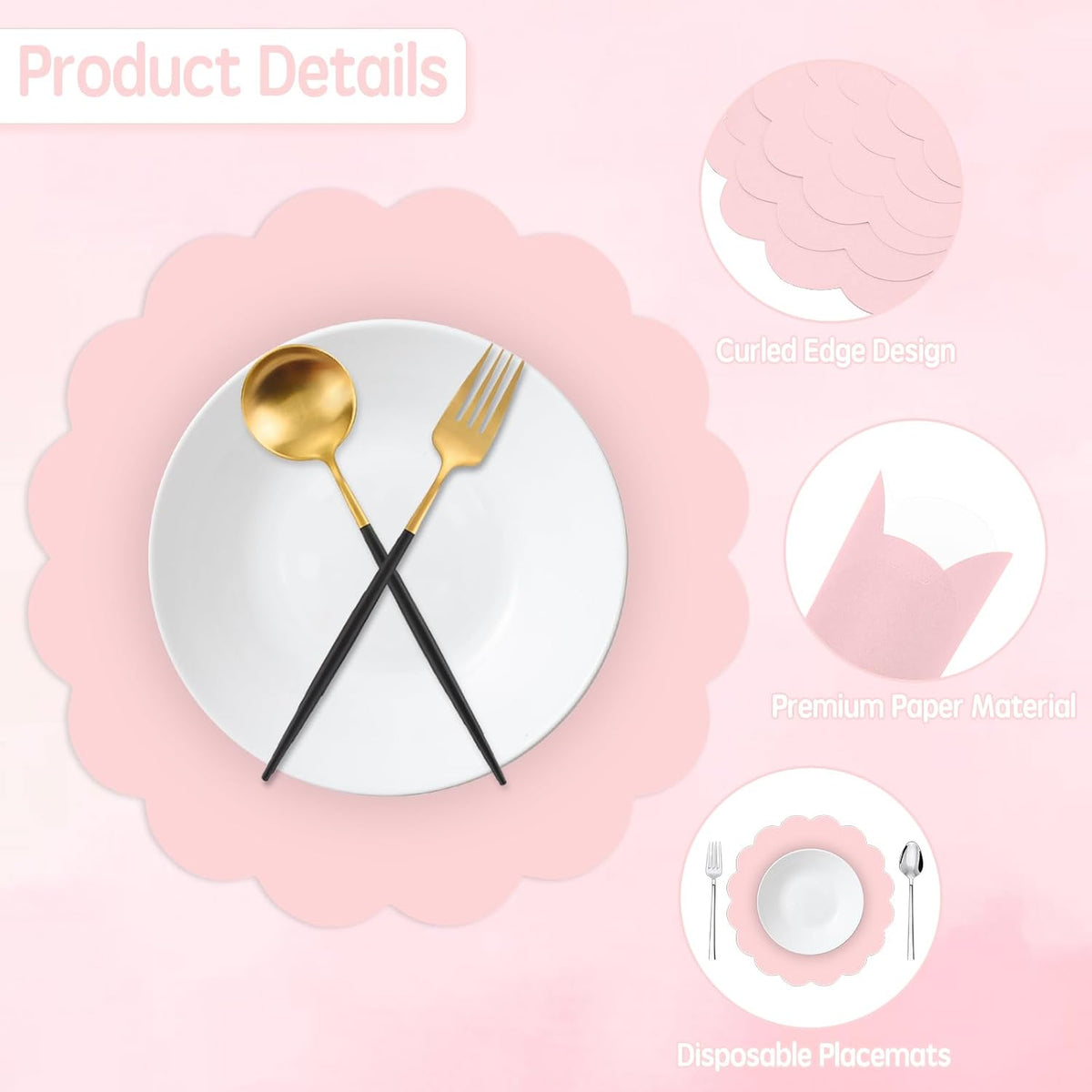 50 Pcs Light Pink Paper Placemats, Disposable Scalloped Placemat Decorative Placemats for Birthday Wedding Baby Shower Banquet Tea Party,13.5 Inch
