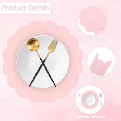 50 Pcs Light Pink Paper Placemats, Disposable Scalloped Placemat Decorative Placemats for Birthday Wedding Baby Shower Banquet Tea Party,13.5 Inch